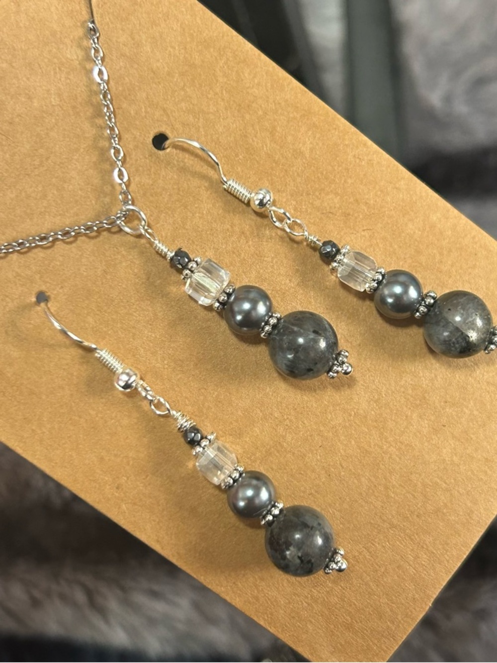 Handcrafted larvikite Czech glass pearl crystal necklace and earring set